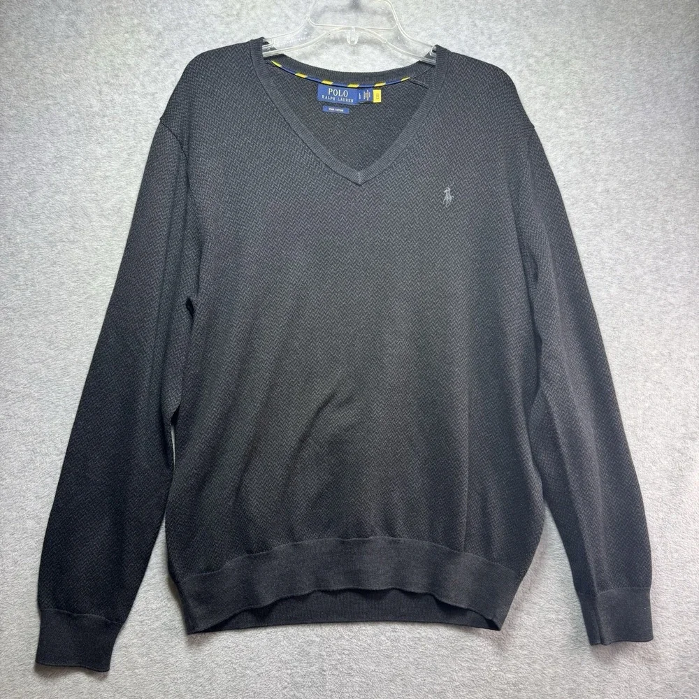Polo Ralph Lauren Sweater Men Large Pima Cotton V-Neck Herringbone Gray Charcoal